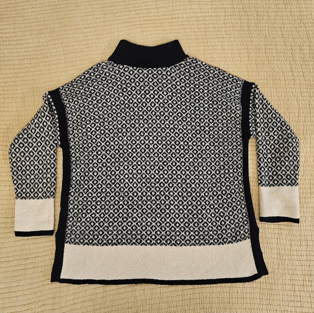 J. Jill‎ Mock Neck Sweater Black Cream Geometric Print Split Side Drop Shoulder - Picture 4 of 9